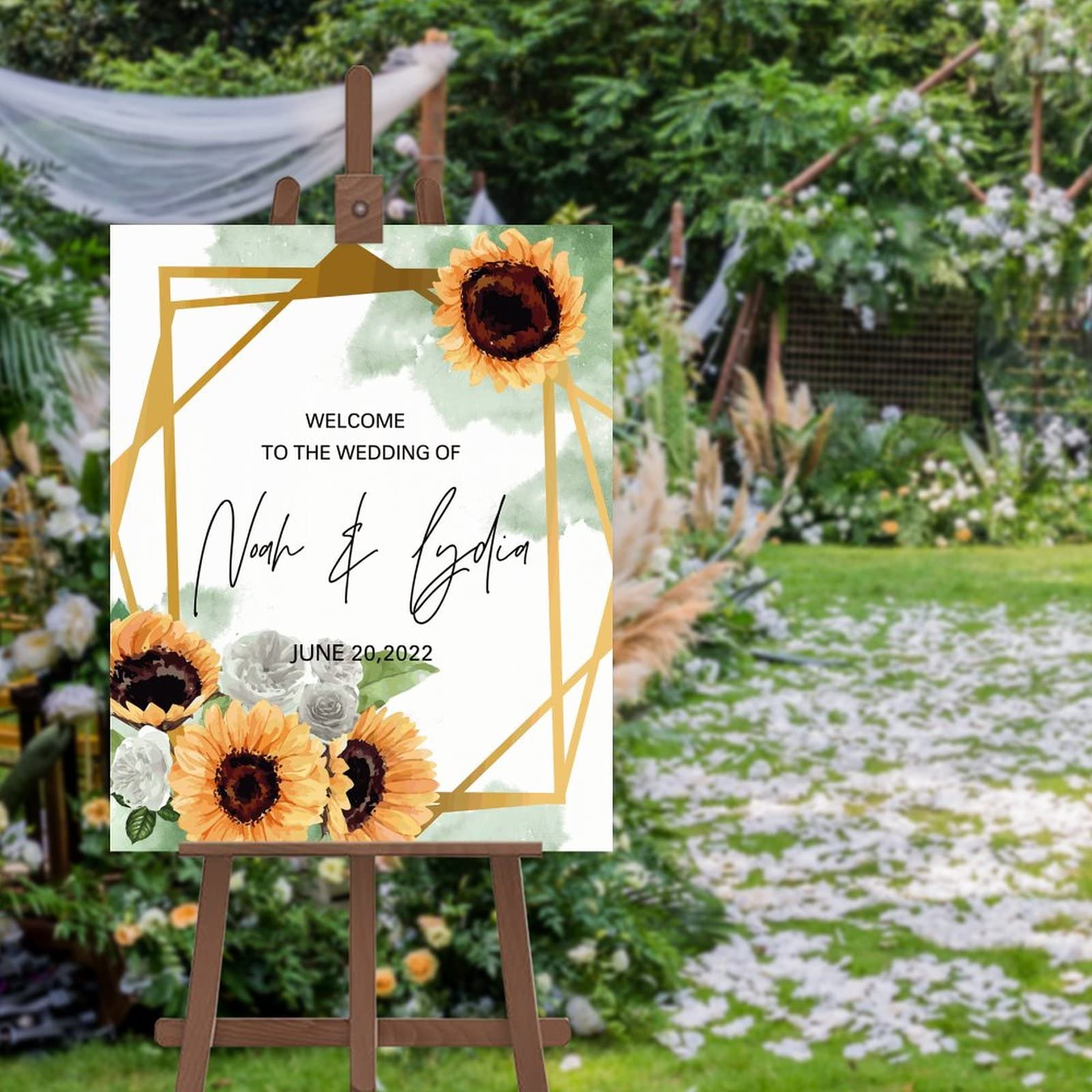 Panneau de bienvenue de mariage minimaliste tournesols et roses 45x61 cm