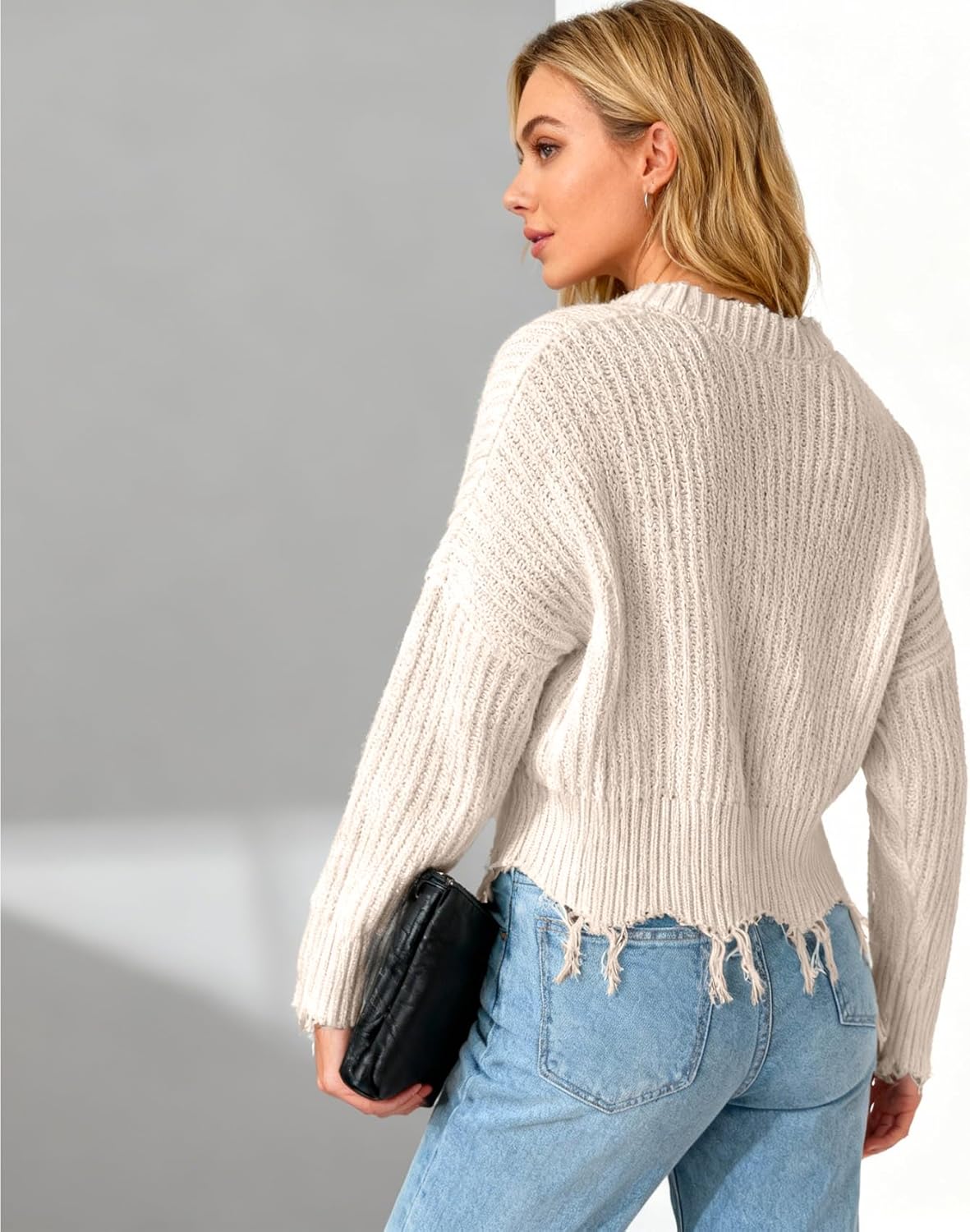 Women's Off Shoulder Sweater V Neck Pullover Distressed Hem Solid Knit Sweater Long Sleeve Crop Tops - Image 2