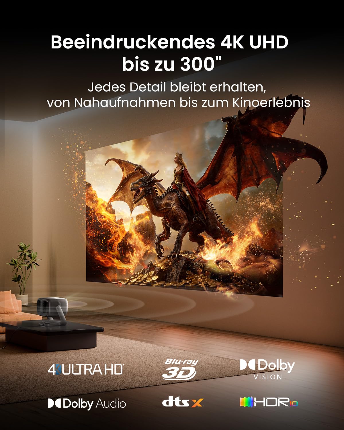 JMGO N3 Ultimate 4K Beamer Triple Laser Heimkino, 5800 ISO Lumen, Google TV mit Netflix, Lens Shift, Optischer Zoom, Motorisierte KI-Gimbal, Dolby Vision, 300", 20000:1 Kontrast, 1ms Gaming, VRR, ALLM