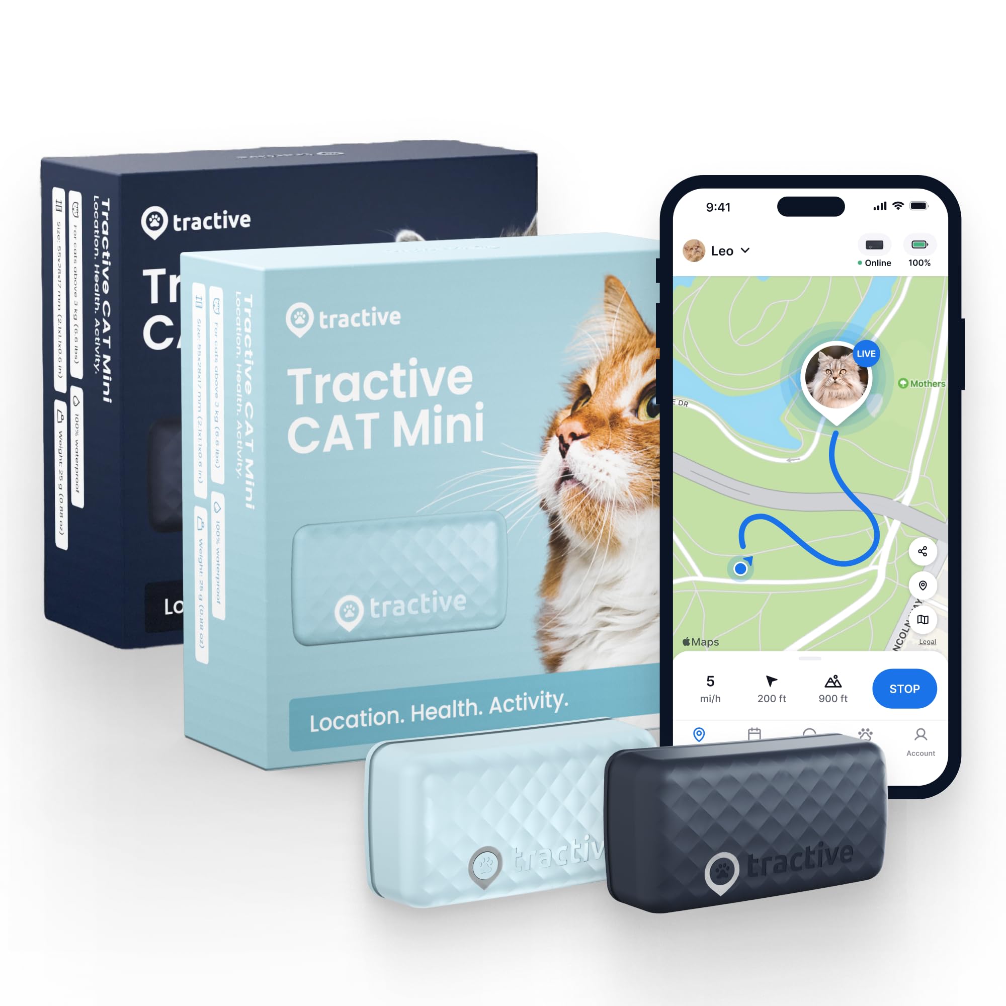 Tractive Smart Cat GPS Tracker | Real-Time Location &amp; Wellness Monitoring for Cats 6.5 lbs+ | Territory &amp; Location History | Up to 5-Day Battery | Breakaway Collar (Bundle of 2, Dark Blue &amp; Mint)