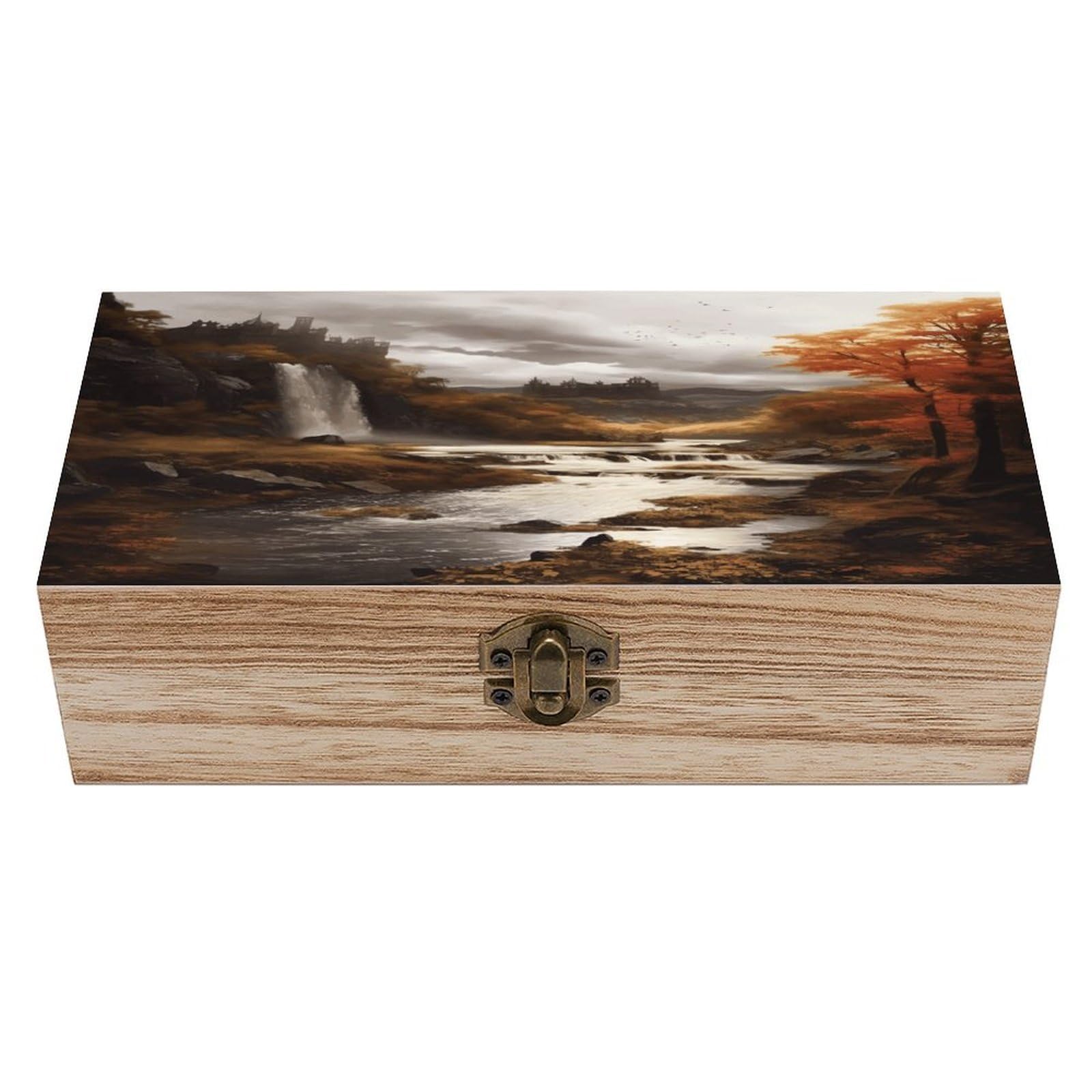 VstaDank Fall Wooden Keepsake Box with Hinged Lid Solid Wood Gift Boxes Beautifully Keepsake Box Jewellery Organiser Retro Memory Treasure Case with Lids Decorative Boxes