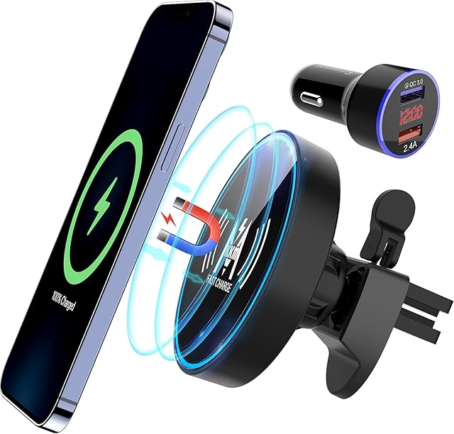 KKM Magnetic Car Wireless Charger,15W Fast Wireless Car Charger Mount Compatible with Magsafe Charger,Auto-Clamping Air Vent Clamp Car Phone Holder Charger for iPhone 13/13 Pro/13 mini/12 Pro Max, S22