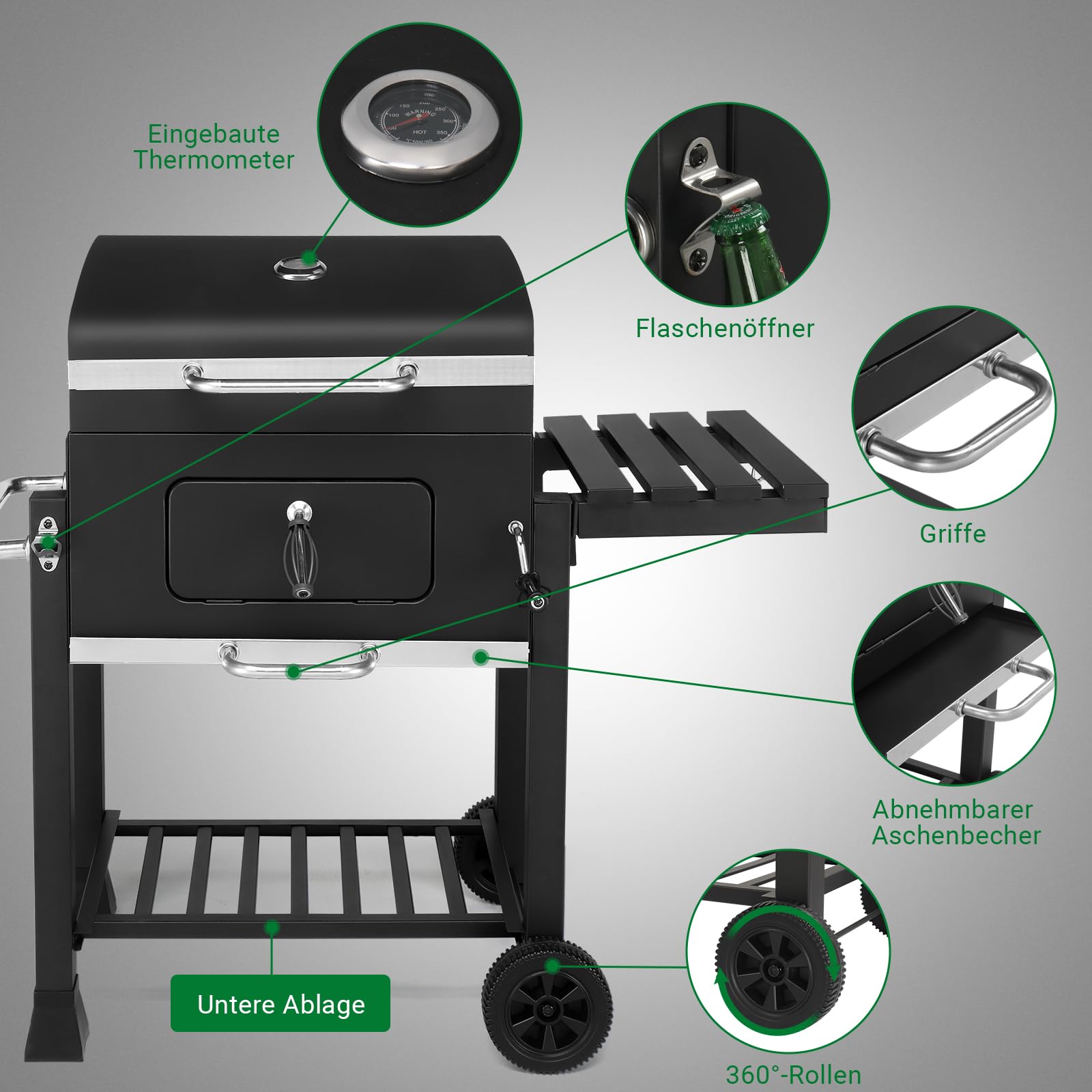 LEADZM Holzkohlegrill mit klappbarem Seitentisch und Rädern, robuster BBQ Grill für Garten, Terrasse und Outdoor Grillabende, 116 × 57 × 108 cm