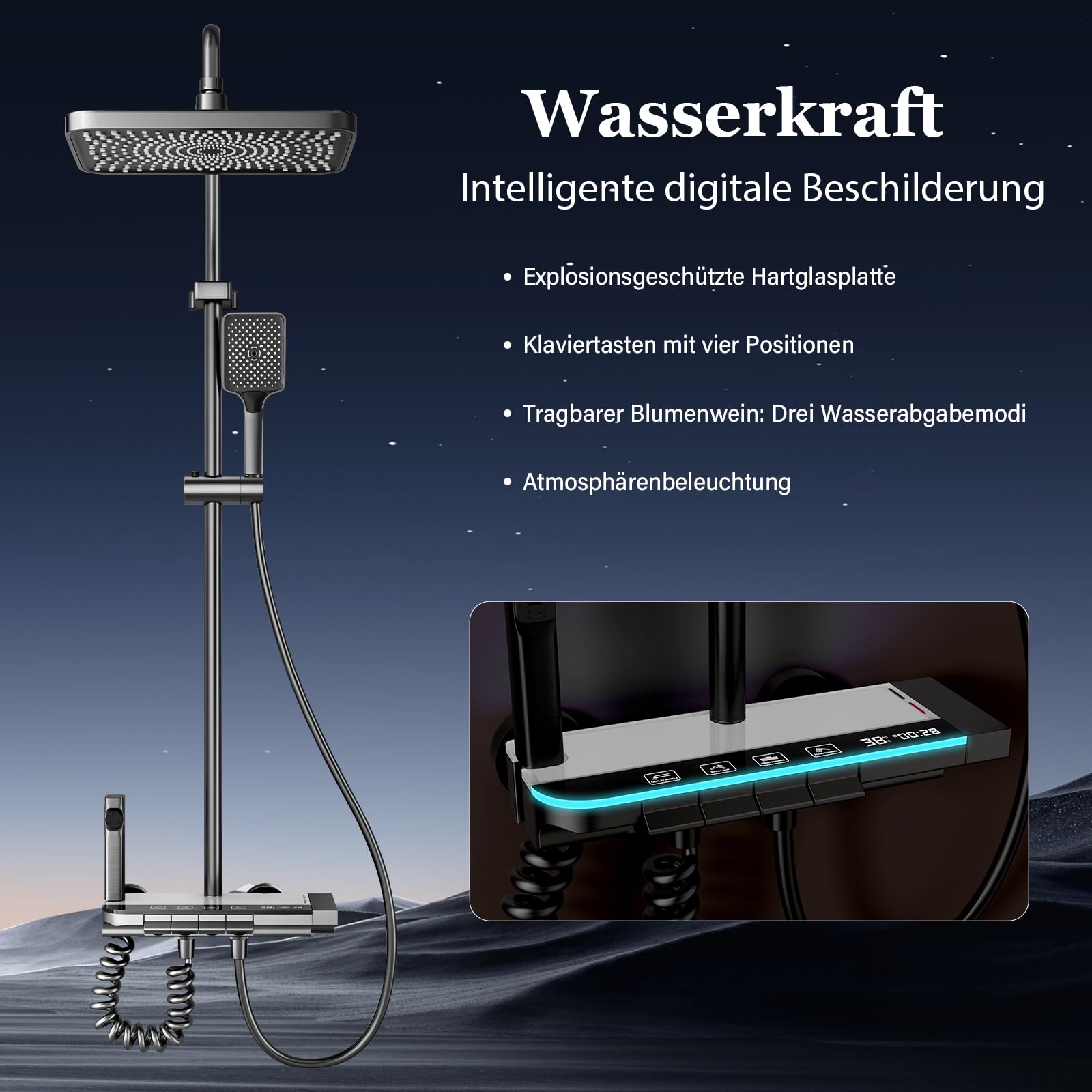 Duschkopf Set, Duschsystem mit LED, Duschbrause Regendusche 27 X 20cm, Duschkopf Handdusche, Zusatzdüse und Armatur, einstellbare Duschsäule mit Stimmungslicht, Höhe verstellbar 69-103cm