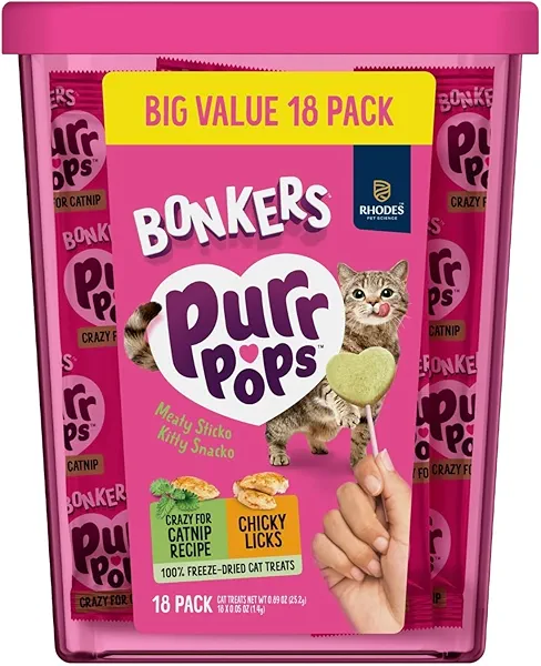 Bonkers Purrpops Freeze-Dried Cat Treats, Catnip and Chicken Flavors, 18 Count Value Pack