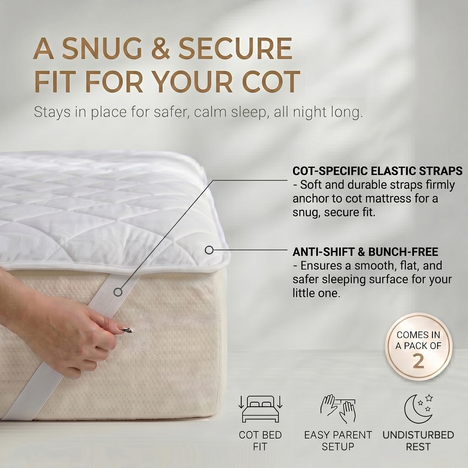 HOMESCAPES Cooling Cot Mattress Topper 60x120cm Set of 2 – Cool Touch Breathable Quilted Cot Mattress Pads for Baby & Toddler, Corner Straps, Washable, OEKO-TEX® Standard 100 Certified — view 4