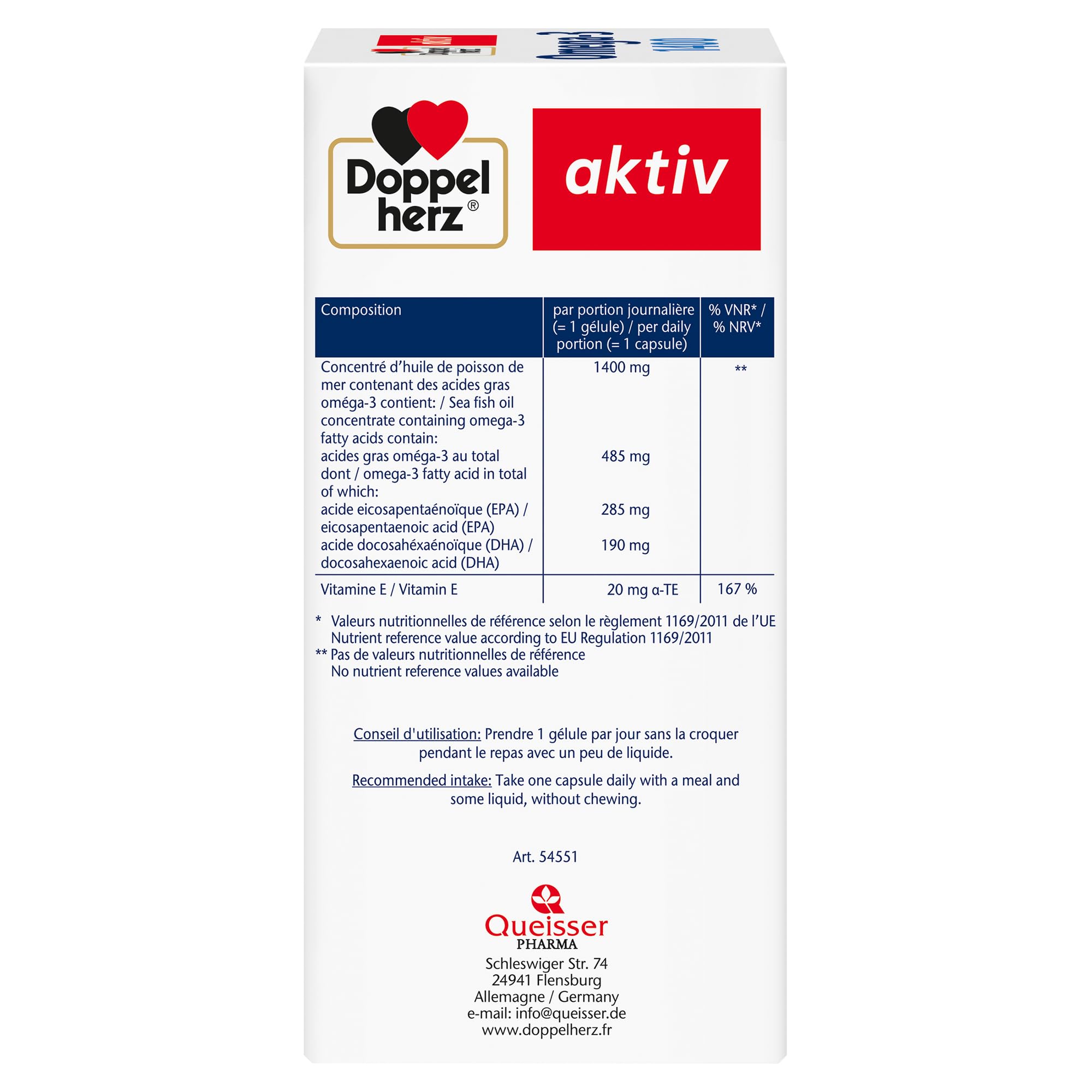 Doppelherz – Omega-3 1400 – Teneur élevée en acides gras Oméga 3 EPA et DHA & vitamine E – Pour la bonne fonction cardiaque – Huile de poisson de mer – 120 gélules