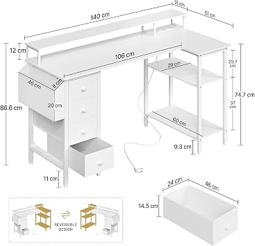 Yaheetech Corner Gaming Desk with Drawers, 140x70cm L Shaped Computer Desk with Power Outlets, Office Desk with Raised Monitor Stand, Reversible Storage Shelves for Home Office, White