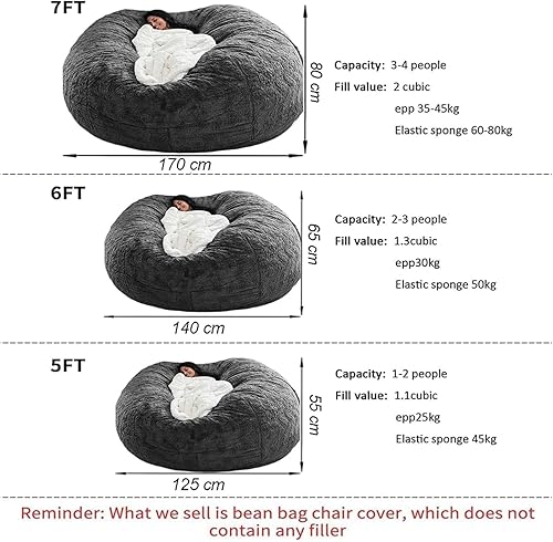 Miniatura 30 de Puf para adultos y niños sin relleno, funda redonda suave de gran tamaño para puf gigante, sillón de descanso, sofá perezoso, almacenamiento de Azul