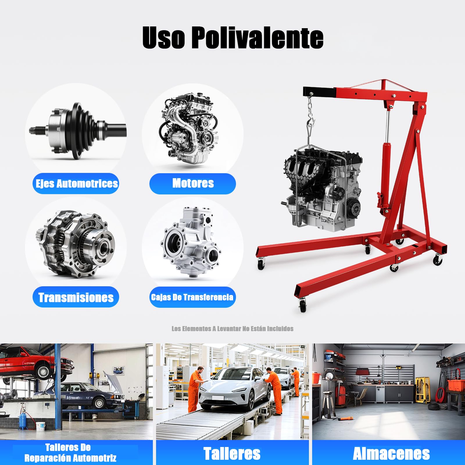 Grúa de taller plegable con 4 posiciones ajustables, 2000 kg, elevador de motor de acero al carbono, 6 ruedas giratorias de hierro, distancia máxima de gancho de 210 cm desde el suelo, color