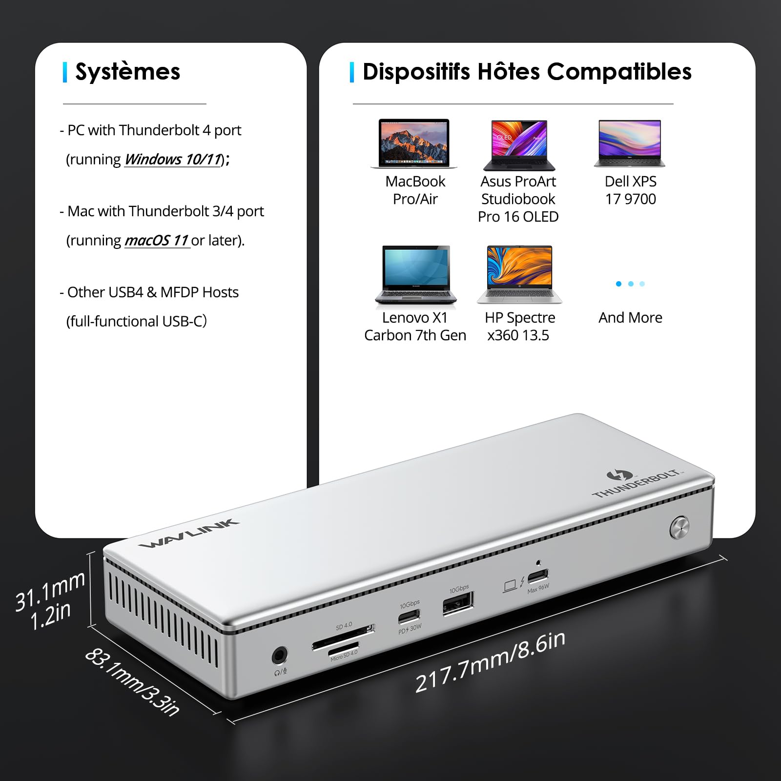 Station d'accueil WAVLINK Thunderbolt 4, Station d'accueil pour Ordinateur Portable 13 en 1 pour Mac TBT 4/3 & PC Windows TBT 4, 40 Gbps avec Chargement Max 96W pour Ordinateur Portable