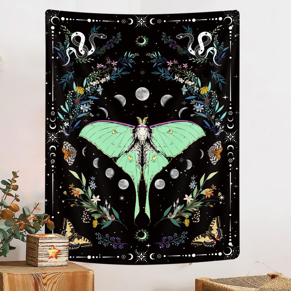 Boho Butterfly Floral Aesthetic Vertical Tapestry, Moon Phase Sun Moon Art Tapestries, Cute Moth Vintage Botanical Fairy Flower Plant Tapestry Wall Hanging for Bedroom Living Room Dorm, 44'' X 60''