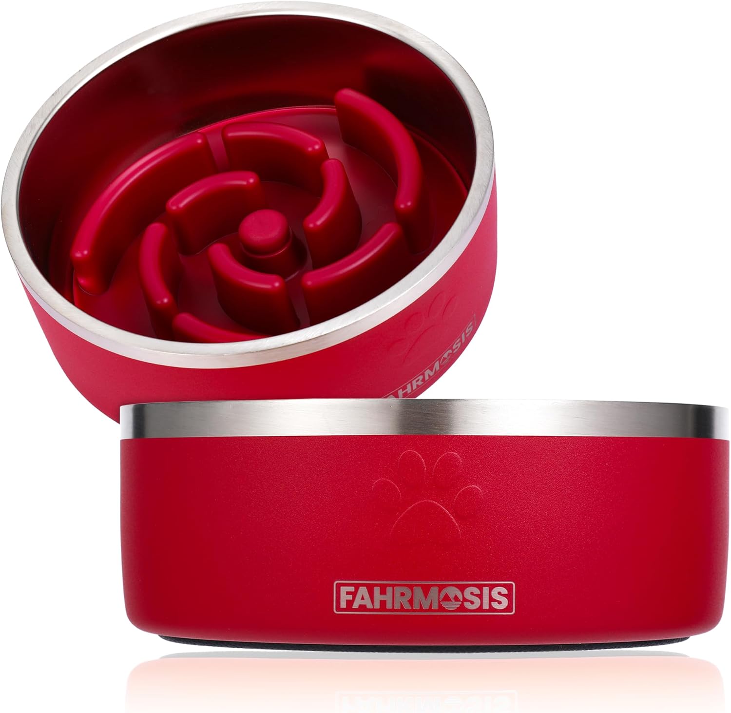 FAHRMOSIS 32 Oz Dog Bowl with Slow Feeder Insert Stainless Steel Pet Water Bowl for Medium & Large Breed Non Slip Rubber Base & Plastic Puzzle Feeder - Red