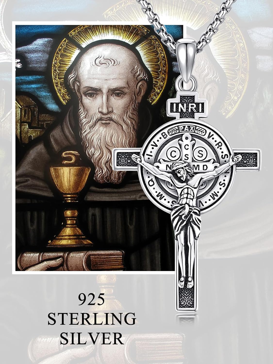 ADMETUS 925 Sterling Silver Patron Saint Necklace | Amulet Necklace Cross Jewelry for Men with 2.5mm 22"+2" Rolo Chain - Image 6