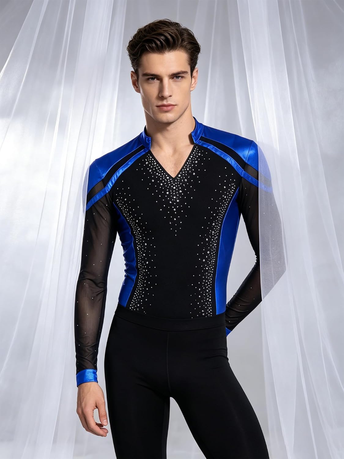 ACSUSS Men Latin Dance Leotard To Ice Skating Training Shirt Sparkly Rhinestones Long Sleeve V Neck for Salsa