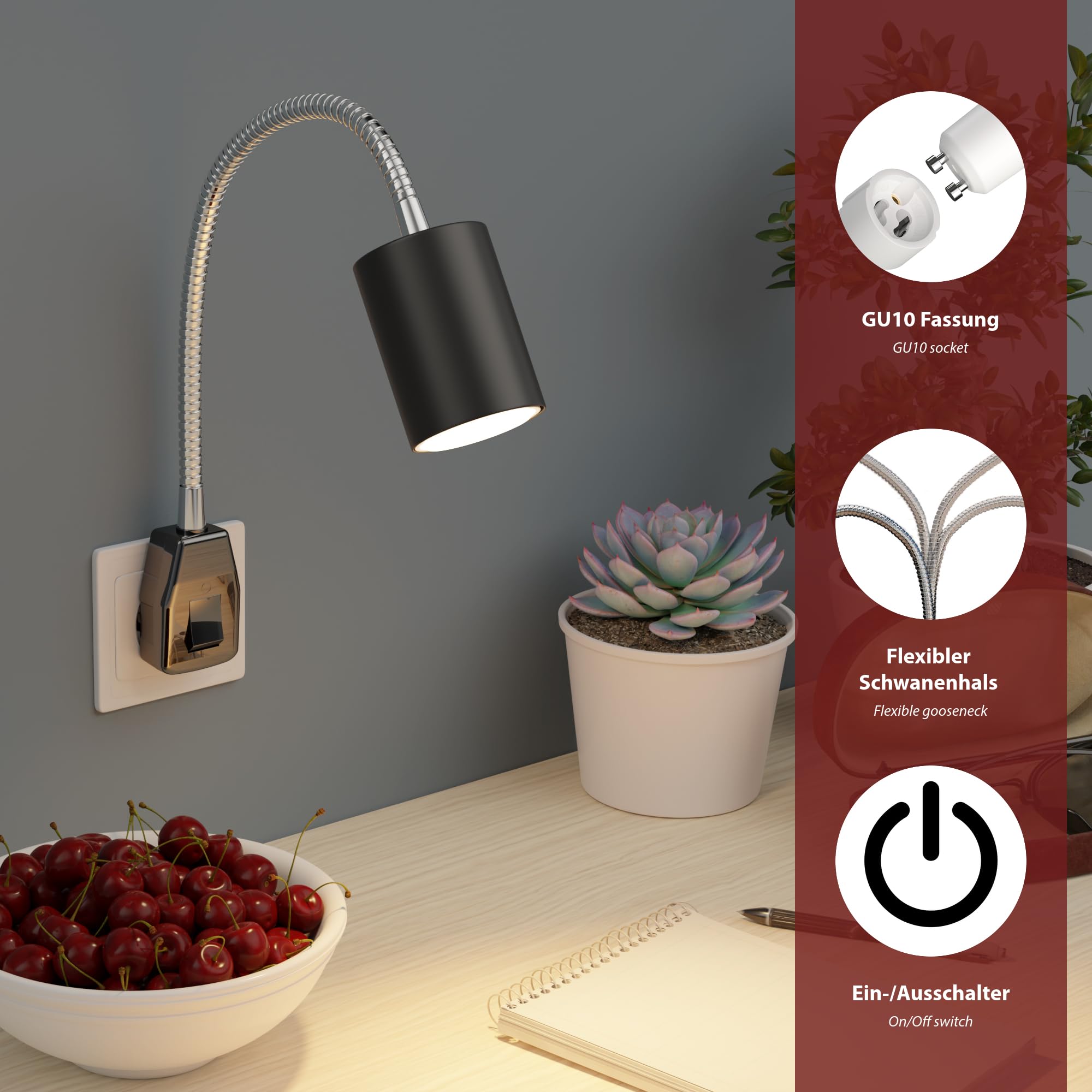 ledscom.de 2x GU10 Steckdosenlampe WAIKA Schwanenhals, Schalter, schwarz inkl. Smart Home RGBW GU10 LED