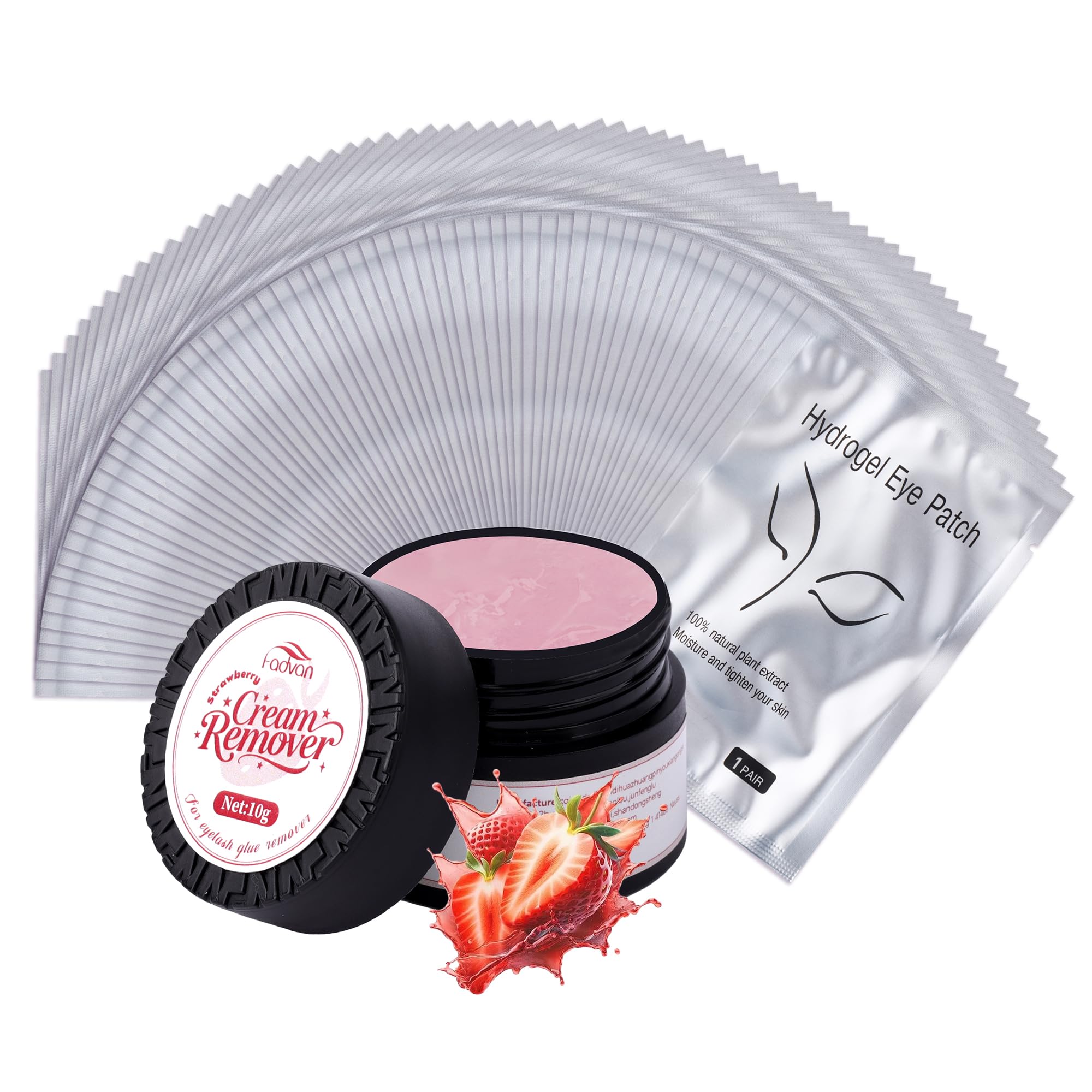 FADVAN Crema Remover Ciglia Finte Extension 10g e Patch Occhi 50pcs - Fragole Rimozione Lashes Glue,Patches Occhi Rimuovere Ciglia,Strumento Kit Perfetto per Struccarsi le Ciglia