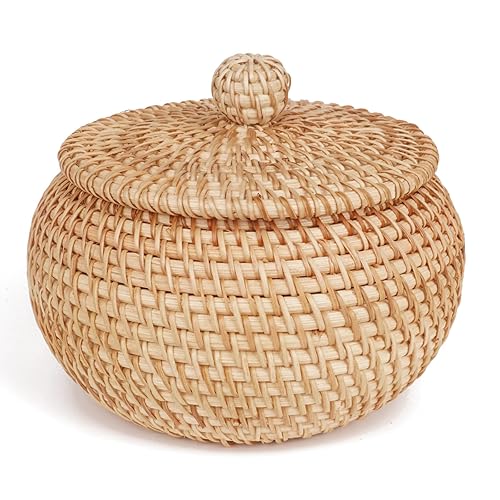 Round Rattan Basket Box with Lid Hand-Woven Wicker Basket Bin