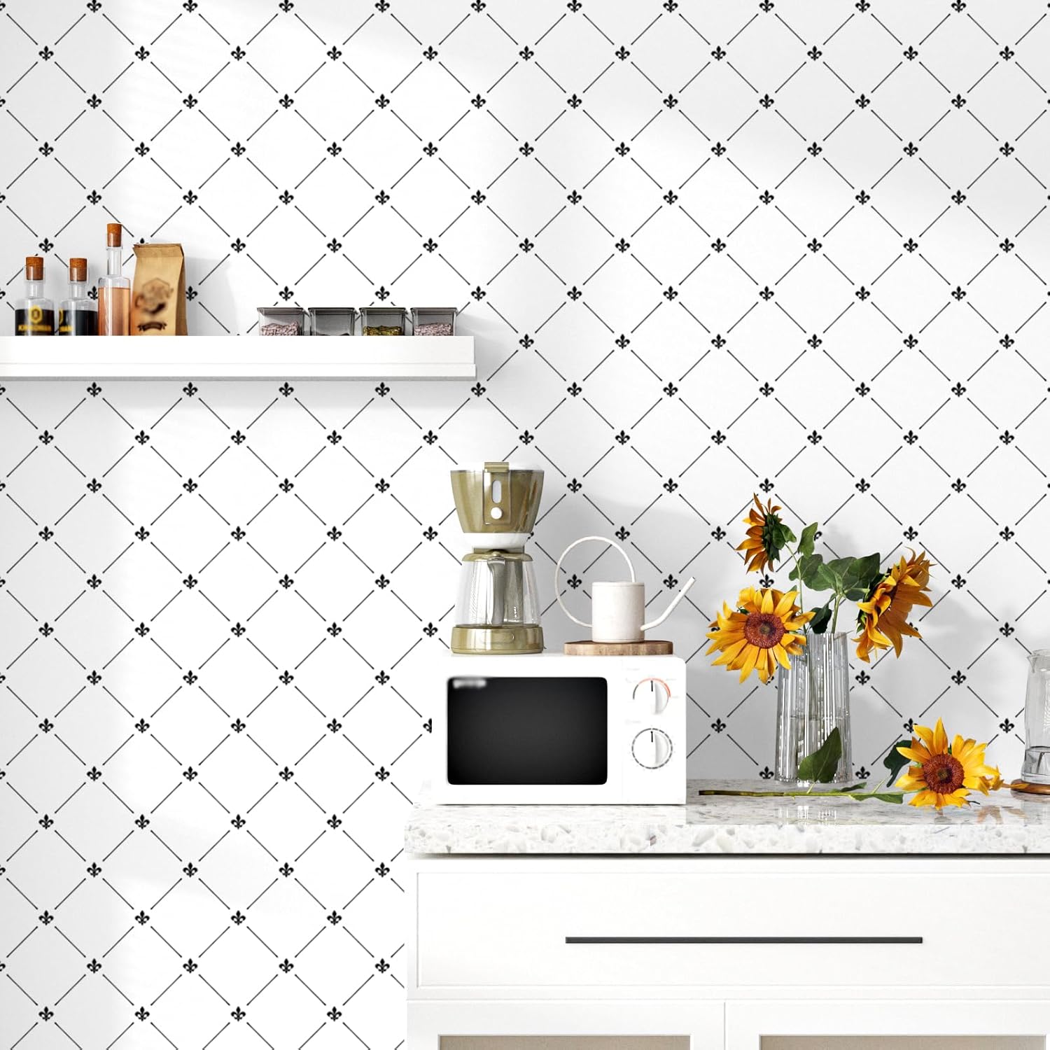 Black White Peel and Stick Wallpaper Geometric Victorian Floral Contact Paper for Cabinets Liner 17.5"x102" Modern Self Adhesive Waterproof Wallpaper for Bedroom Living Room Walls