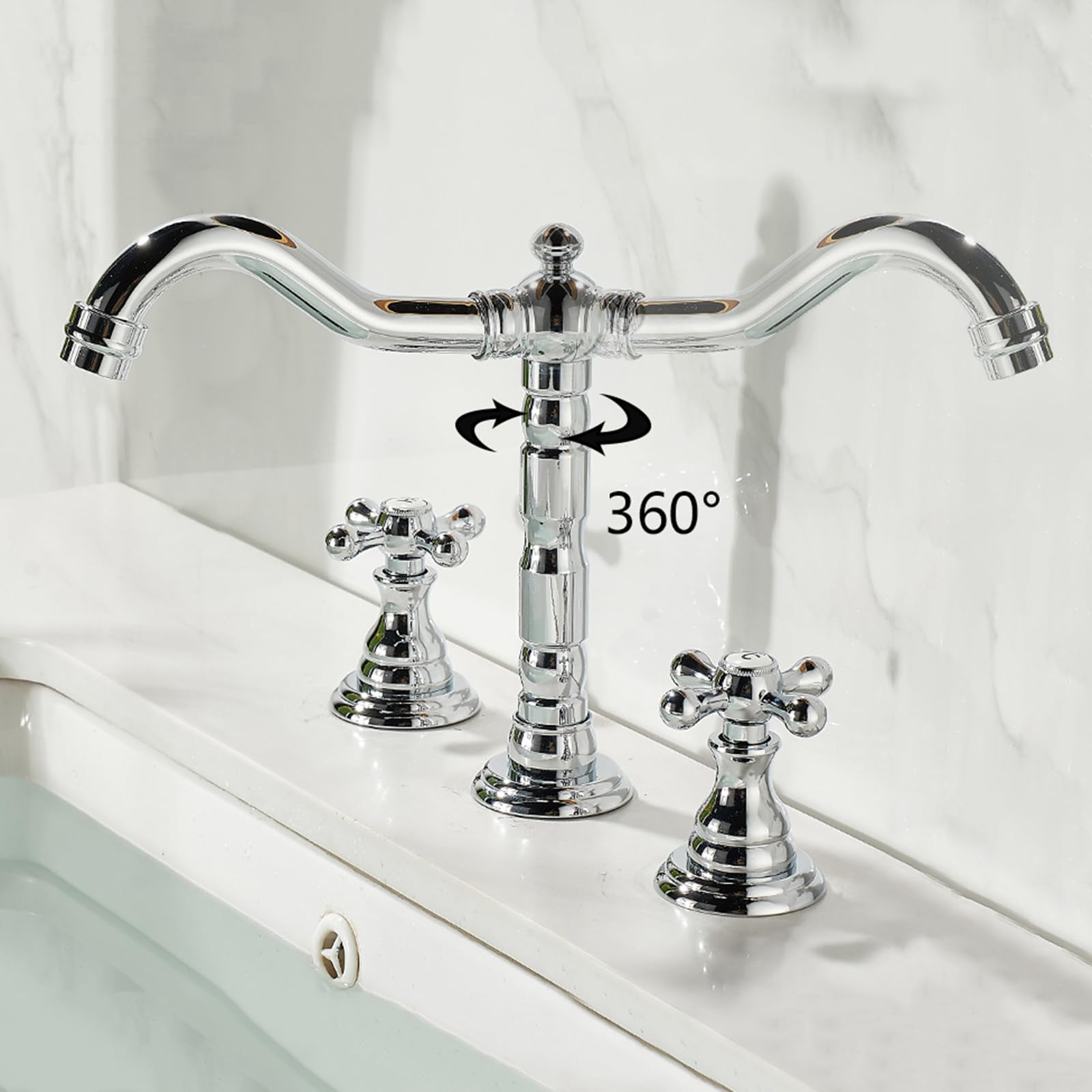 rubinetto bagno lavabo 3 Fori con Due Maniglie,Miscelatore Bagno Girevole 360° rubinetto lavandino bagno in Ottone,Cromato