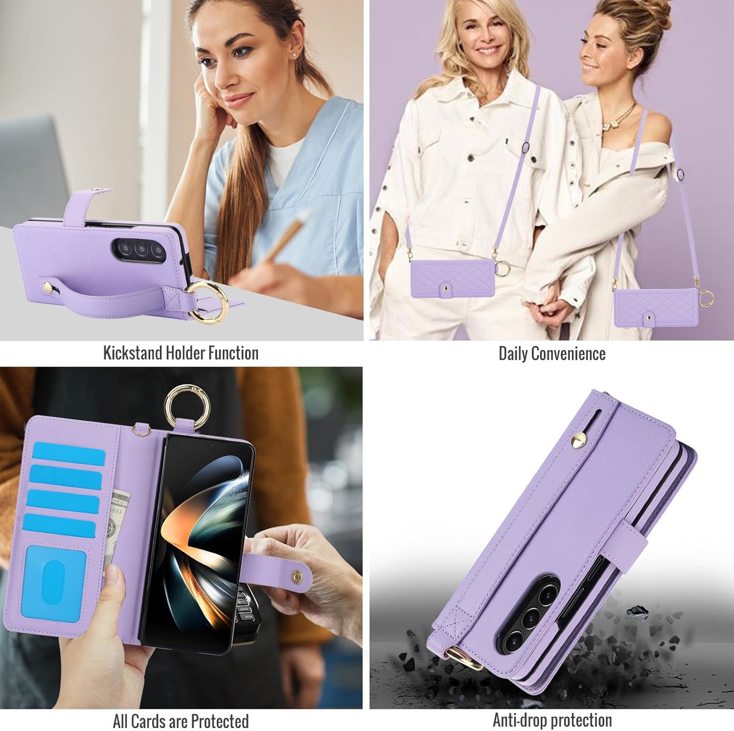 Asuwish Phone Case for Samsung Galaxy Z Fold 4 5G 2022 Wallet Cover with S Pen Holder & Crossbody Lanyard Strap Credit Card Slot RFID Blocking ZFold4 Z4 Fold4 4Z ZFold45G Women Men Girls Purple