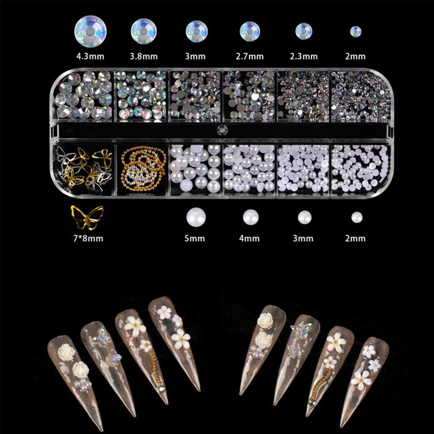 Nail Art Rhinestones & Charms Kit with Precision Tweezer & Wax Pencil, 700PCS 3D Nail Gems Including Pearls, Flower - Image 3
