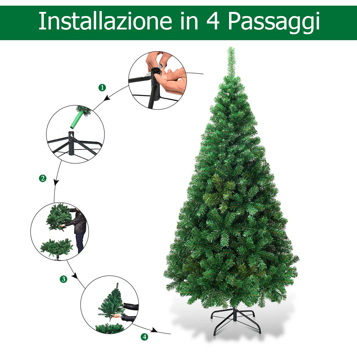 COSTWAY Albero di Natale Artificiale 150/180/210/240 CM, Albero di Natale Verde con 350/650/950/1138 Rami e Base in Metallo, Decorazioni Natalizie per Casa, Ufficio e Negozio (180 CM)
