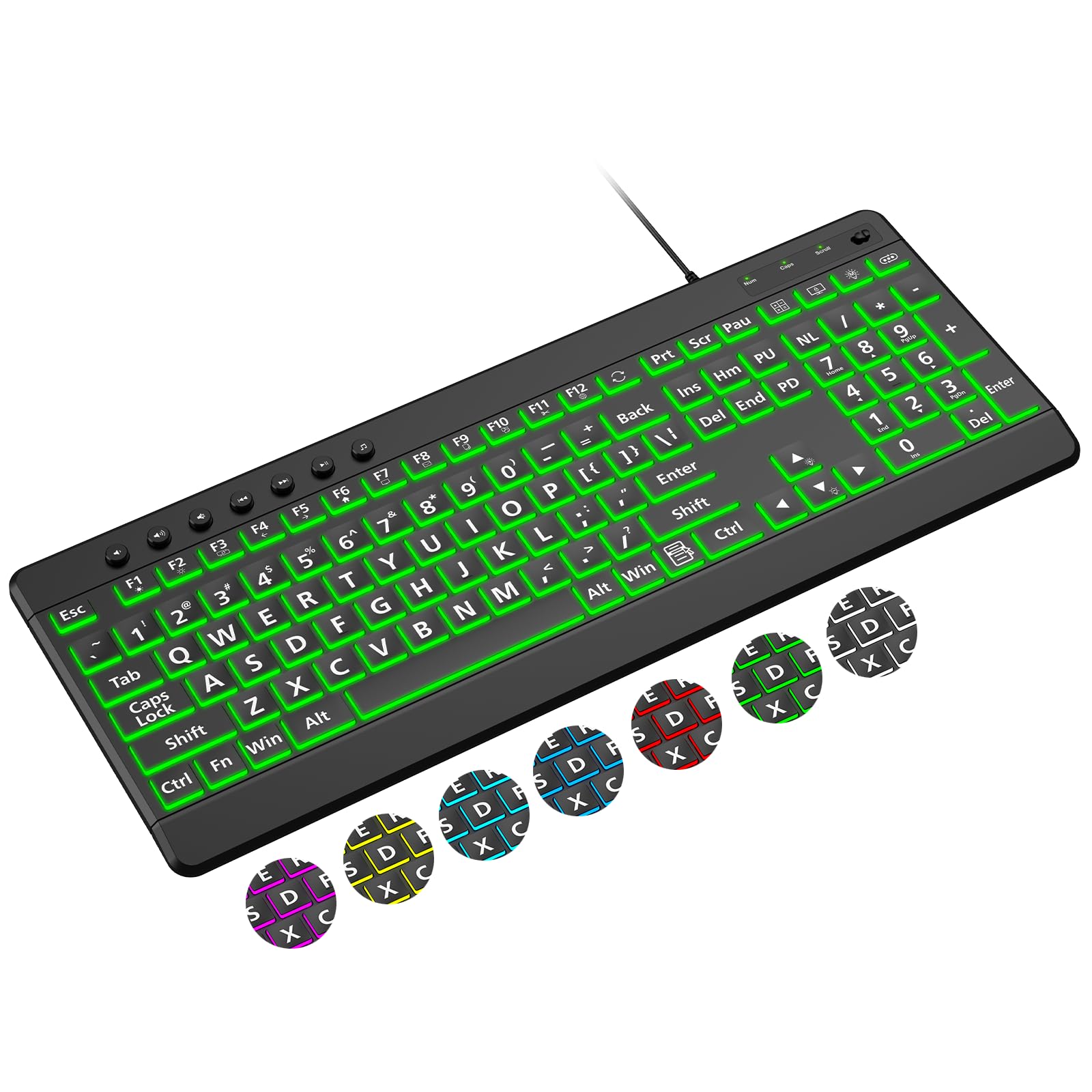 EDJO Large Print Backlit Wired Keyboard Light Up USB Keyboard with 7-Colors Backlight Oversize Letters Keys Full Size