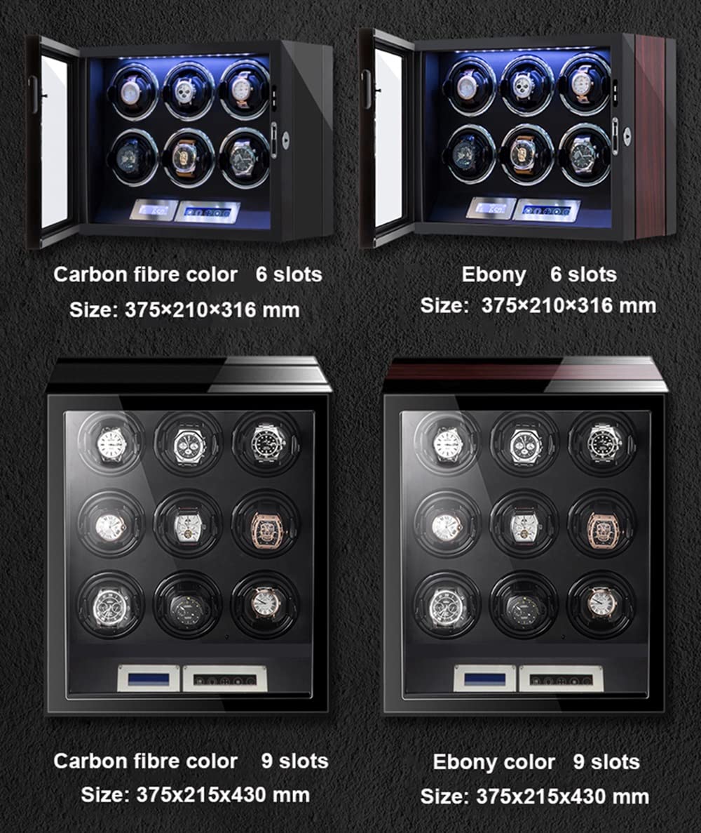 Scatola Carica Orologi Automatica per 9, 12 E 24 Orologi, Scatola Rotante per Orologi A Carica Automatica con Schermo LCD E Telecomando, Serratura A Impronta Digital(Venatura D'Ebano-4+0)