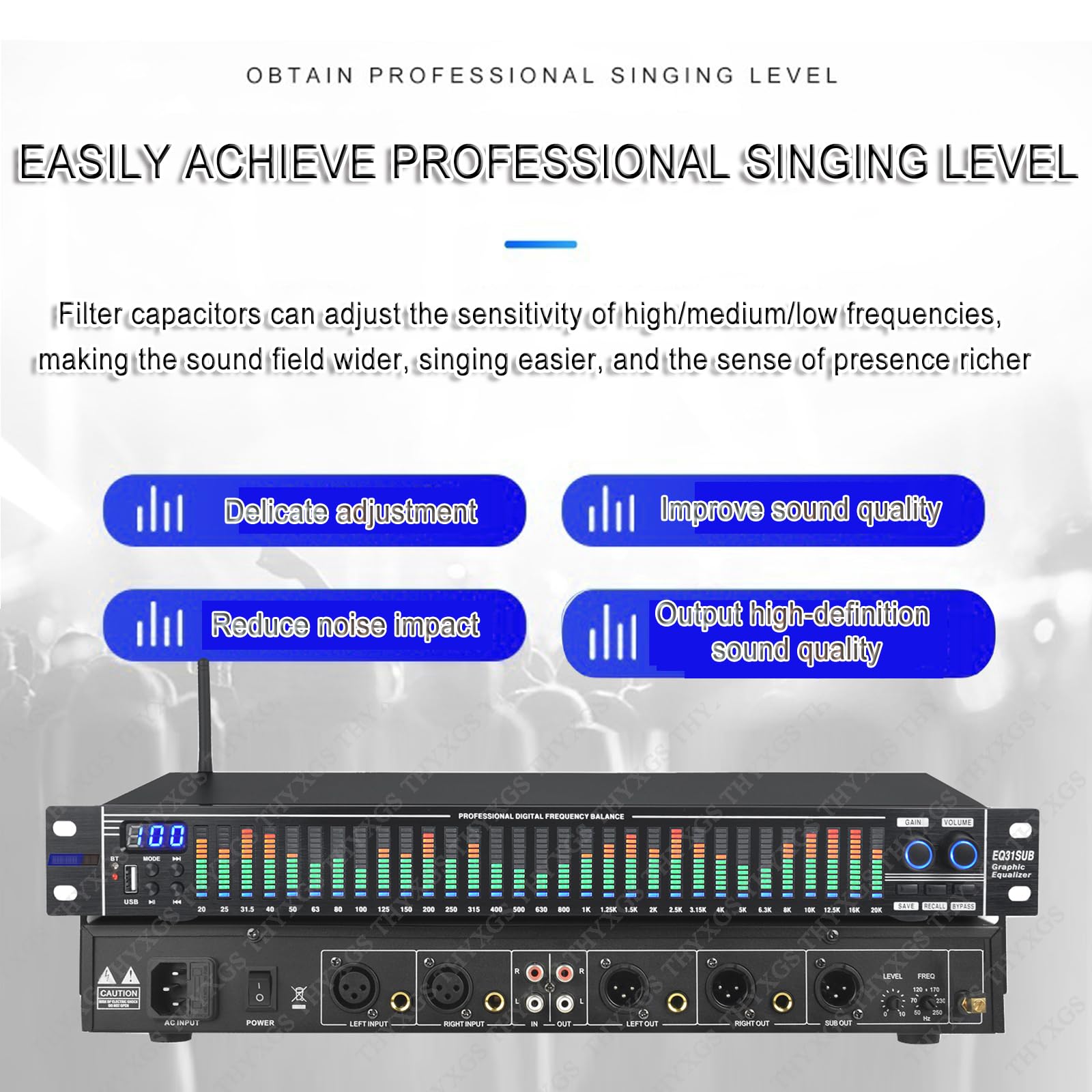 LED Digital Equalizer, 31-Band Stereo Equalizer mit Low/Mid/Treble Anpassung und intelligenter Rauschunterdrückung für Bühnenperformance und Karaoke