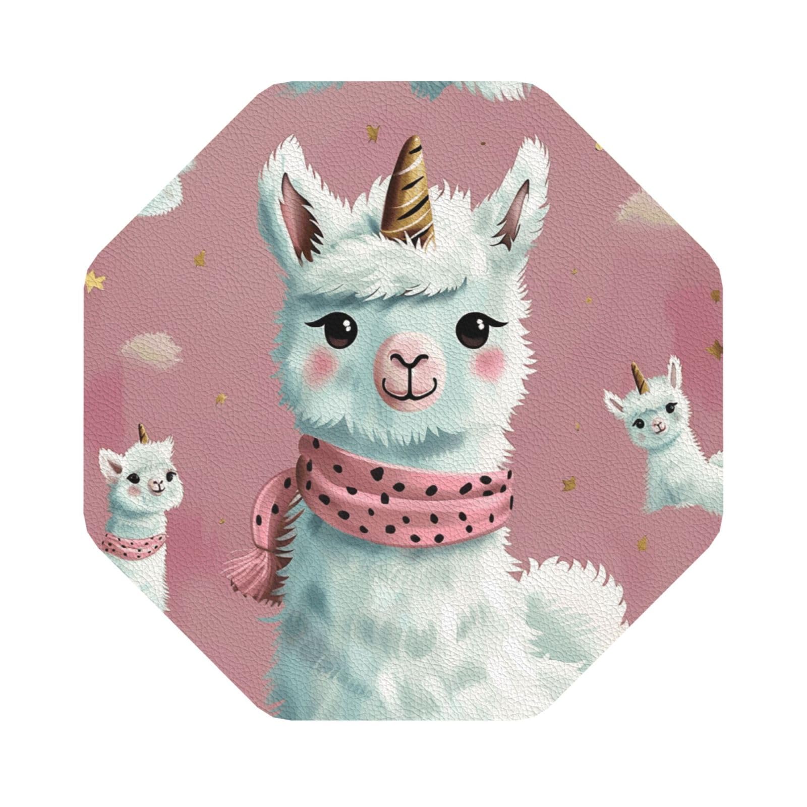 Cute Llamas Print Leather Coaster Set of 6, Octagon Coasters Table Decorative Coffee Cup Beverage Coasters Wine Beer Bar Coasters for Hot Drinks Table Protection