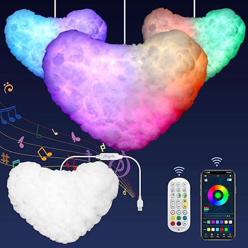 Luces LED de corazón de nube para dormitorio, kit de luz nocturna creativa multicolor, sincronización de música con aplicación, tira cambiante de