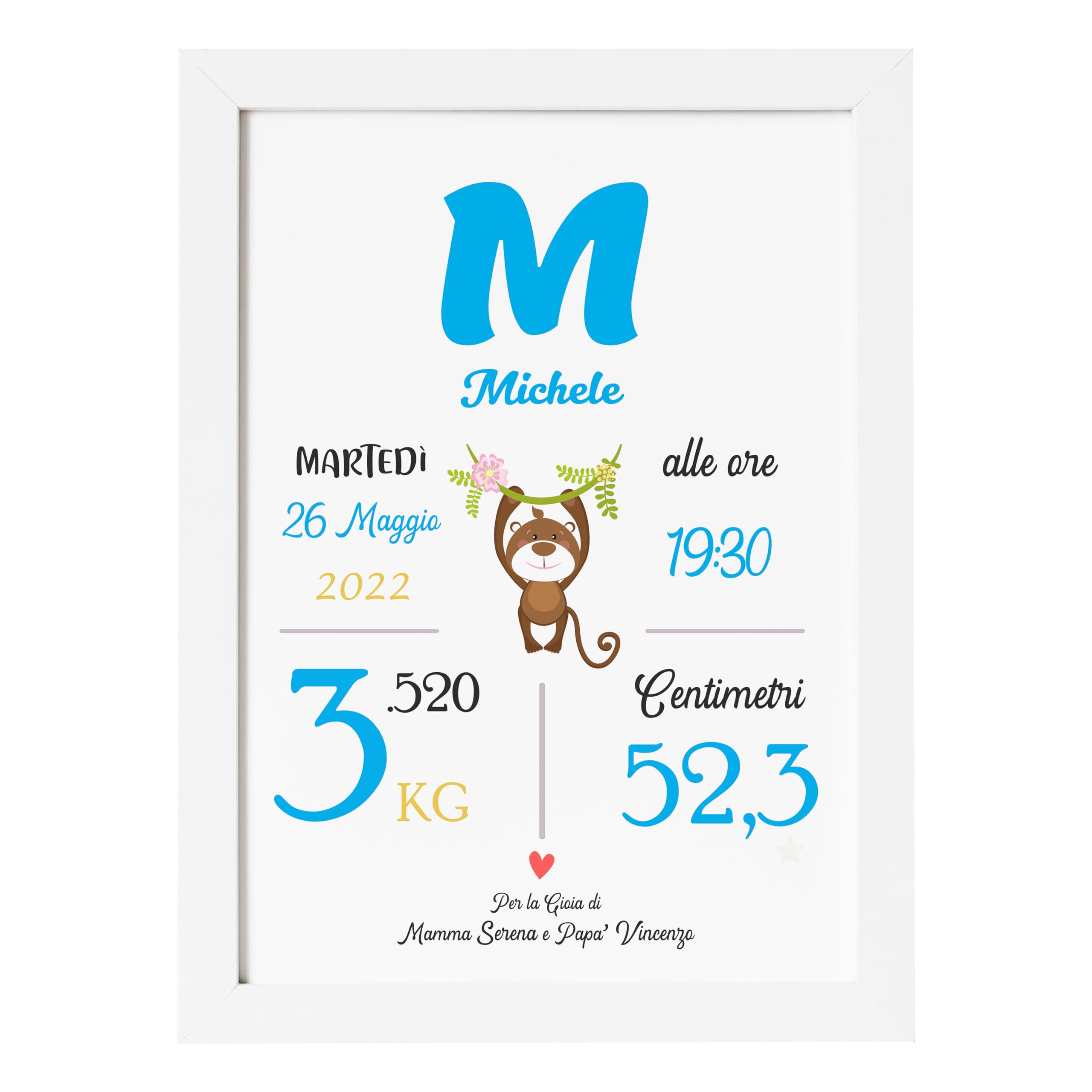 Luglio® - Quadretto Nascita, Cornice Nascita Personalizzata con i Dati del tuo Neonato o Bambino. Idea Regalo per Battesimo, Nascita. Decorazione per Cameretta. 25x20 Cm (Modello 1, Femminuccia)