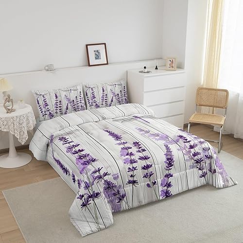 Miniatura 3 de Erosebridal Juego de ropa de cama de libélula para niñas, juego de edredón floral de lavanda para adultos y mujeres, juego de edredón de estilo