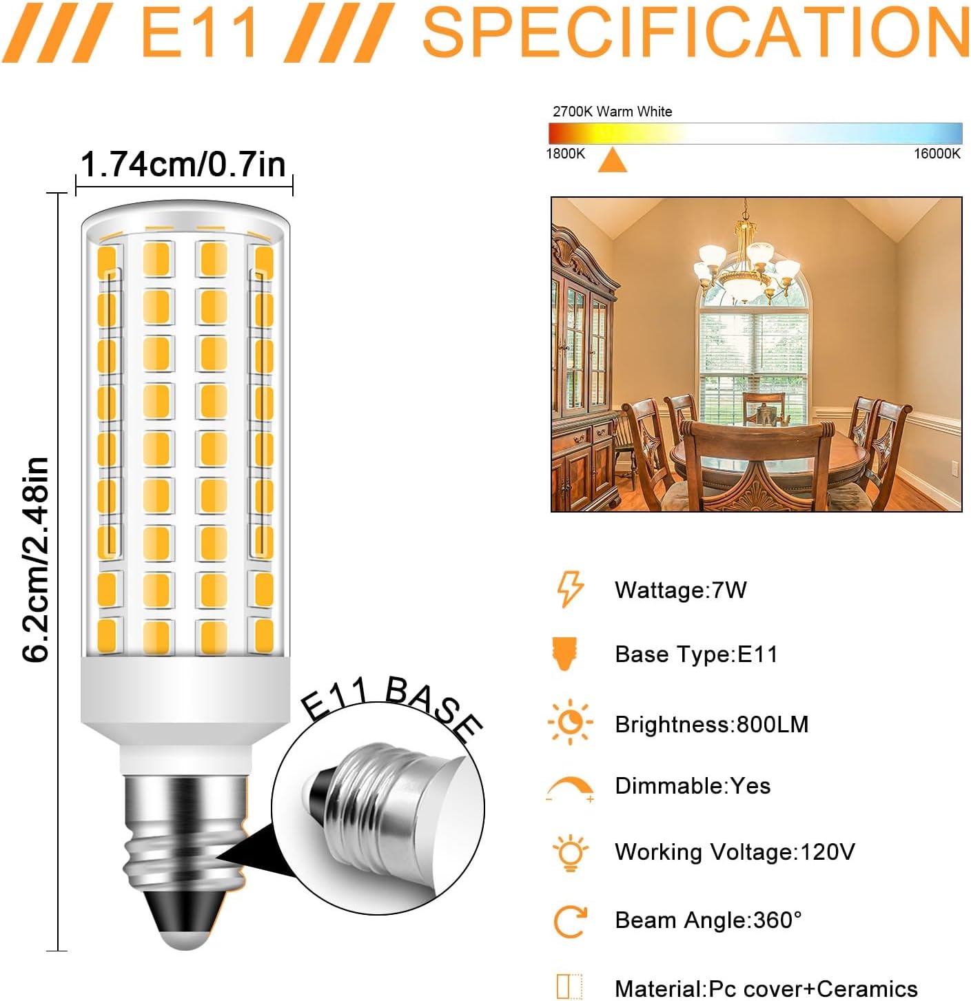 E11 LED Bulb Dimmable,JDE11 75W Halogen Bulbs Equivalent,T4 Mini Candelabra LED Bulb Dimmable 7.5W 800LM,Warm White 3000K,120V 75W 100W JDE11 LED for Ceiling Fans,Chandeliers,Cabinet Lighting,4 Pack