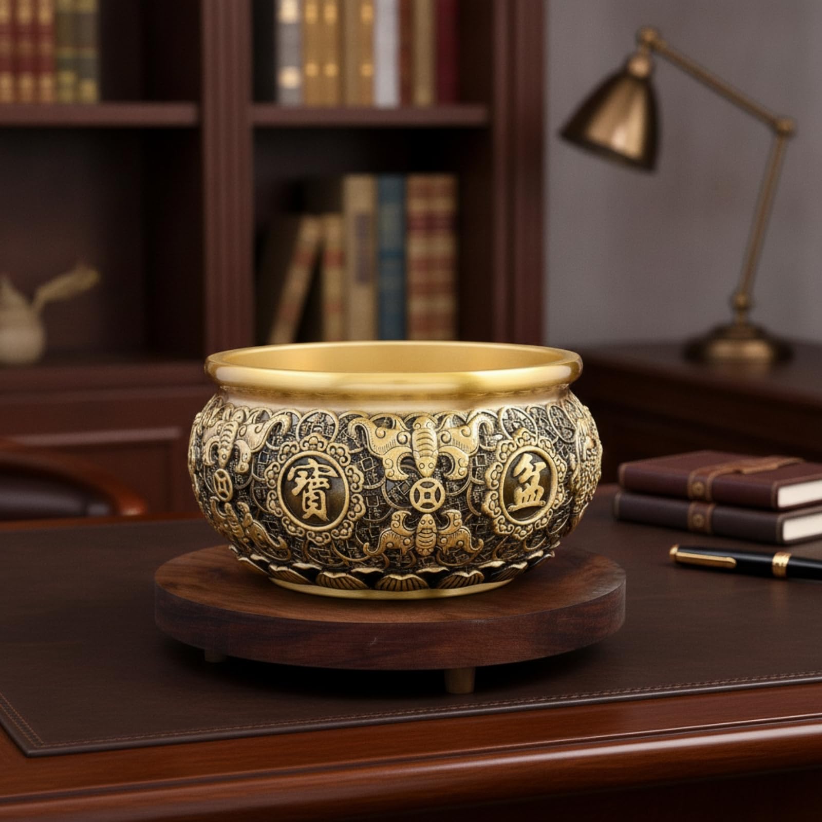 Brass Decorative Tray Messingschale Deko Schale Zierschale Centerpiece mit Aufwendiger Prägung Und Zentraler, 24.0 cm Durchmesser, 13.8 cm Höhe, Style to 5