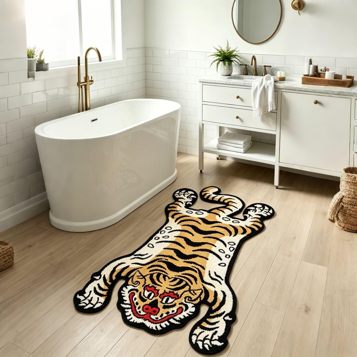 Tapis tufté doux et amusant pour chambre à coucher, motif tigre tibétain, 1,5 x 0,9 m, lavable avec envers antidérapant en caoutchouc thermoplastique, décoration d'intérieur (jaune)