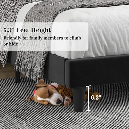 Miniatura 15 de Allewie - Base de cama tapizada en terciopelo, cabecera capitoné de canales verticales, listones de madera reforzados, opción de somier, fácil de