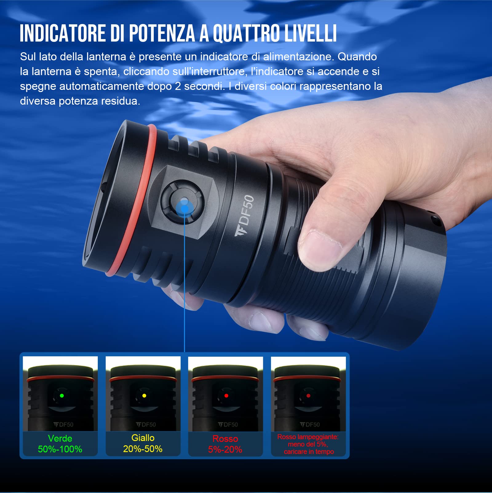 TrustFire DF50 Torcia Subacquea LED 6500 Lumen Ricaricabile USB C Impermeabile