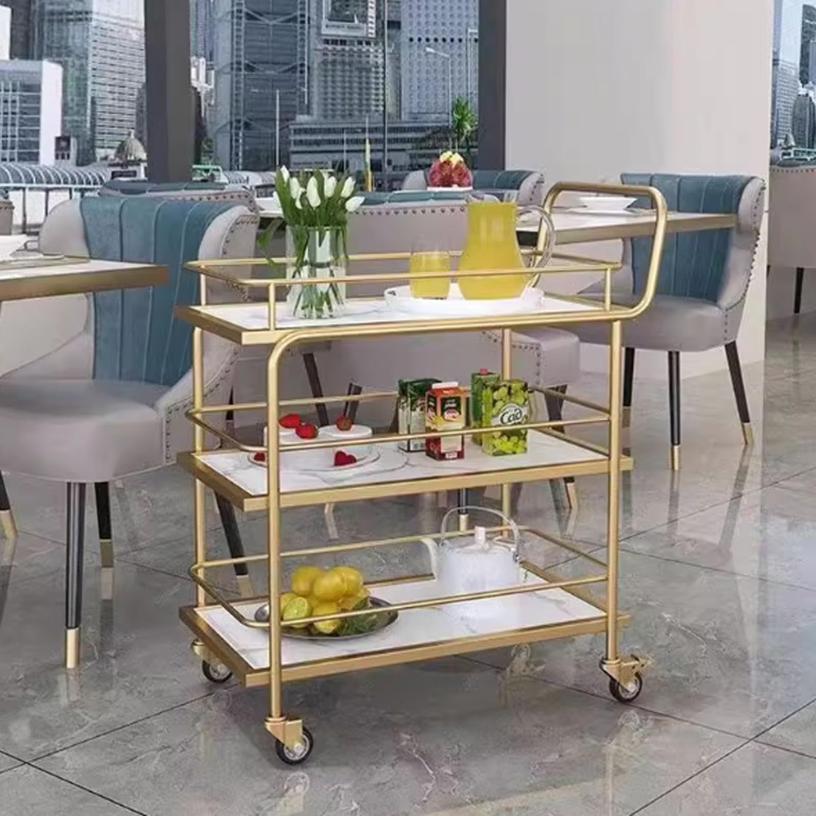 Carrito de Servicio de Alimentos de Tres Niveles de Acero Inoxidable de Alta Resistencia con Ruedas, Carrito portátil de Empuje Manual para Catering de Aperitivos para hoteles, KTV, restaura