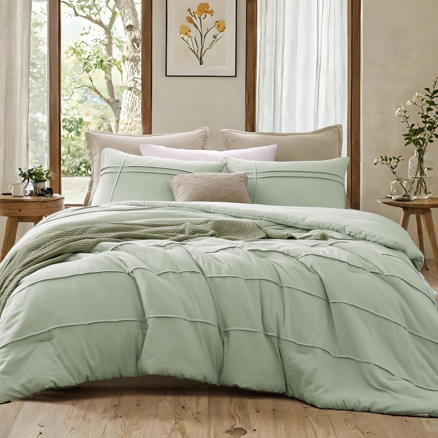 AMBERSPACE Boho Green Queen Comforter Set, 3 Piece Queen