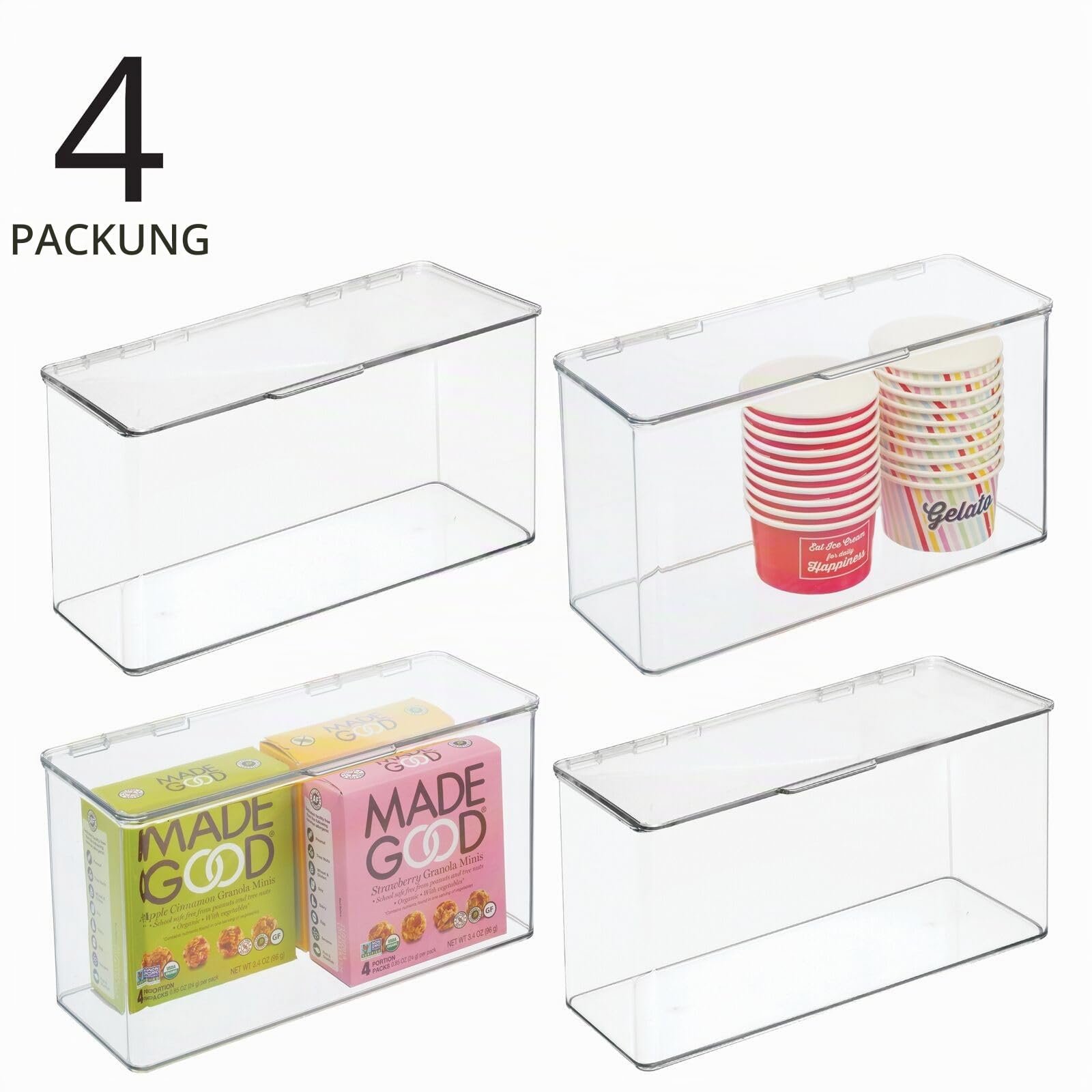 mDesign Küchen Organizer mit Deckel – Vorratsdose für Küche & Kühlschrank – stapelbarer Kühlschrank Organizer aus BPA-freiem Kunststoff für Nudeln, Obst & Co. – 4er-Set – durchsichtig