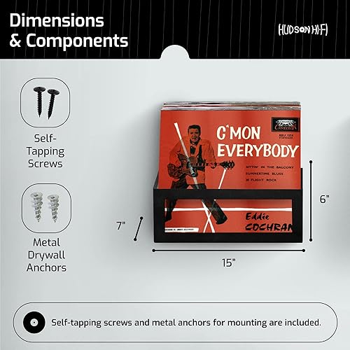 Vista 2 de Hudson Hi-Fi Estante de exhibición de vinilo, 1 unidad, acero sólido, satén negro, soporte de pared para disco de vinilo, se adapta a 25 LPs