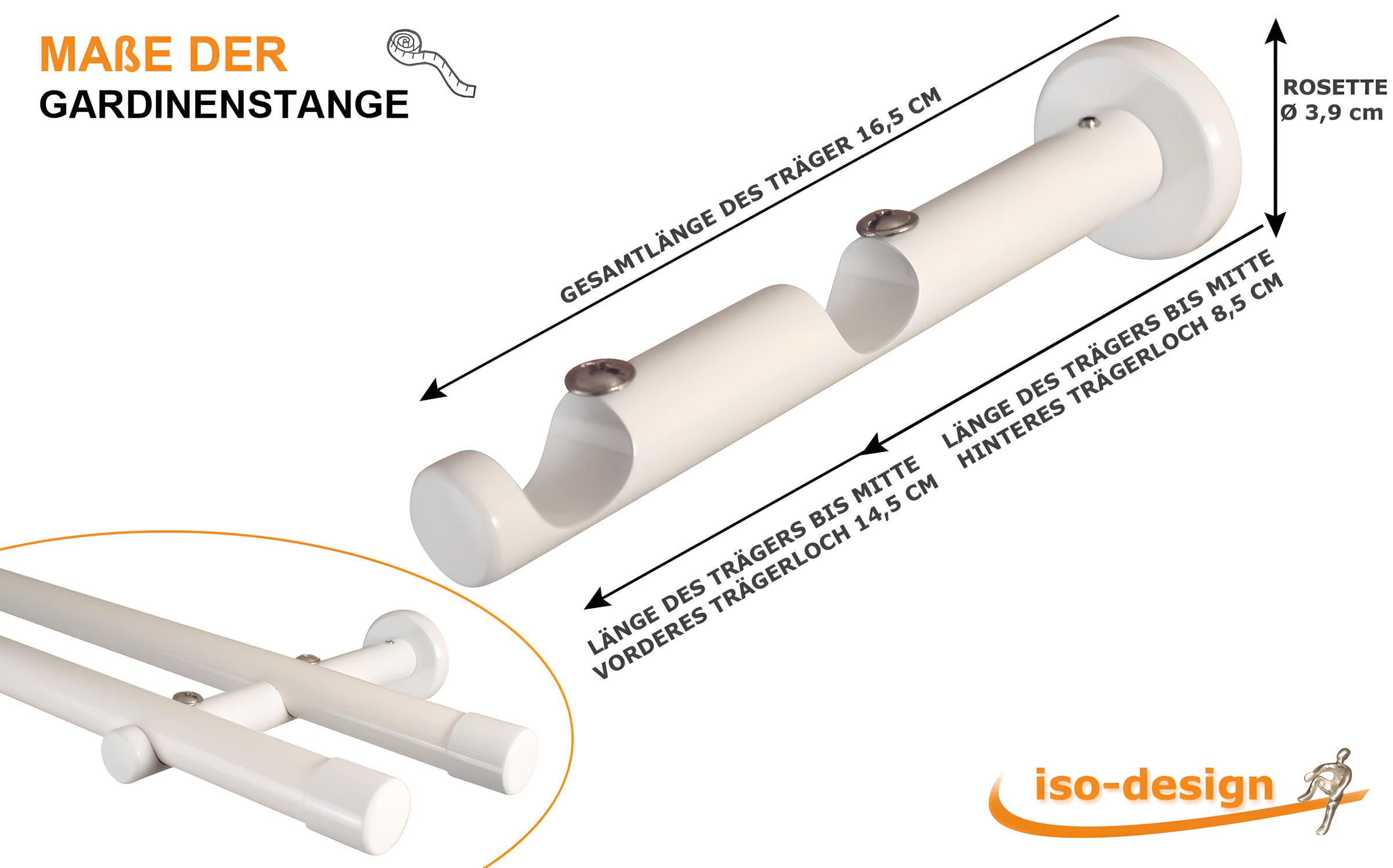 iso-design Gardinenstange weiss 2-läufig 20 mm, Komplettset aus Metall, Vorhangstange zur Wandmontage, Gardinenstangenrohr aus Aluminium, Endstück Kappe 200 cm
