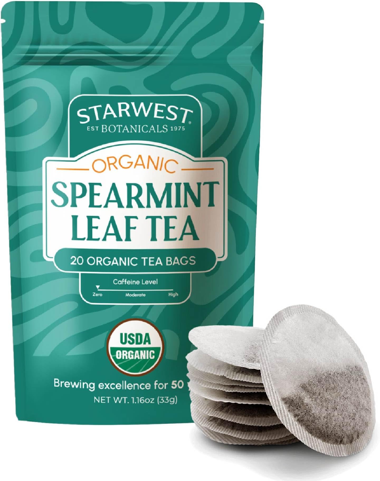 Starwest Botanicals Organic Spearmint Leaf Tea - Caffeine Free Herbal Tea, USDA Organic Spearmint Leaf, String Free Sachets, Non GMO - 20 Bags