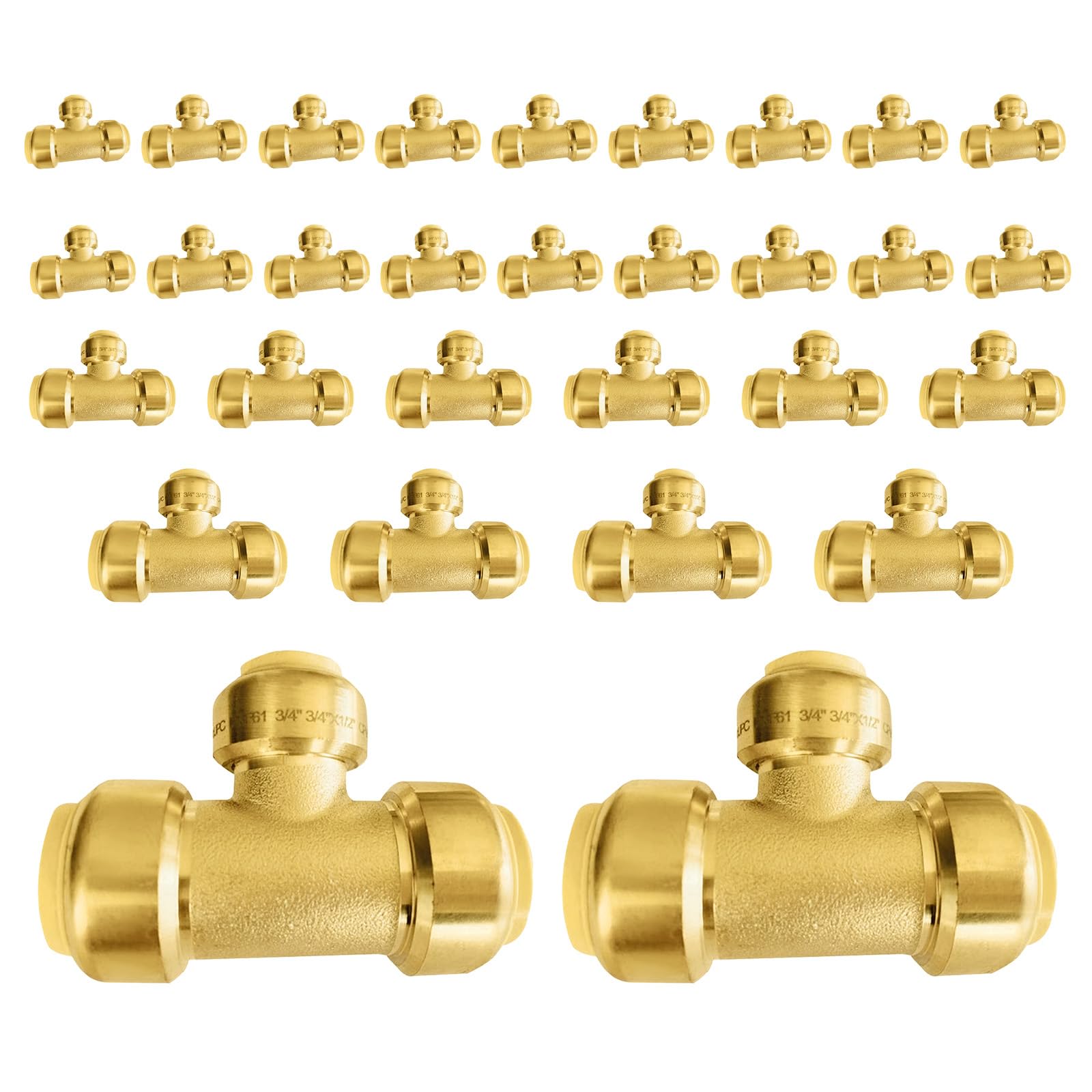 TLDONCXH 30 PCS Foskan 3/4" x3/4" X1/2" Push Fit Tee,LF-Brass Fittings, Push to Connect PEX, Copper, C, PE-RT Pipes, with Disconnect Clip for Plumbing Repairs
