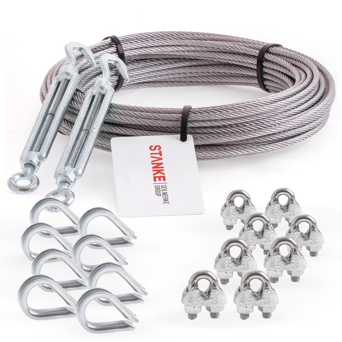 Cavo in acciaio inossidabile Seilwerk STANKE V4A, cavo in acciaio inossidabile da 10m 3mm 7x7, 2x tenditore M5 a occhiello + gancio zincato, 8x ditali V4A, 8x fascetta per arco V4A - SET 5