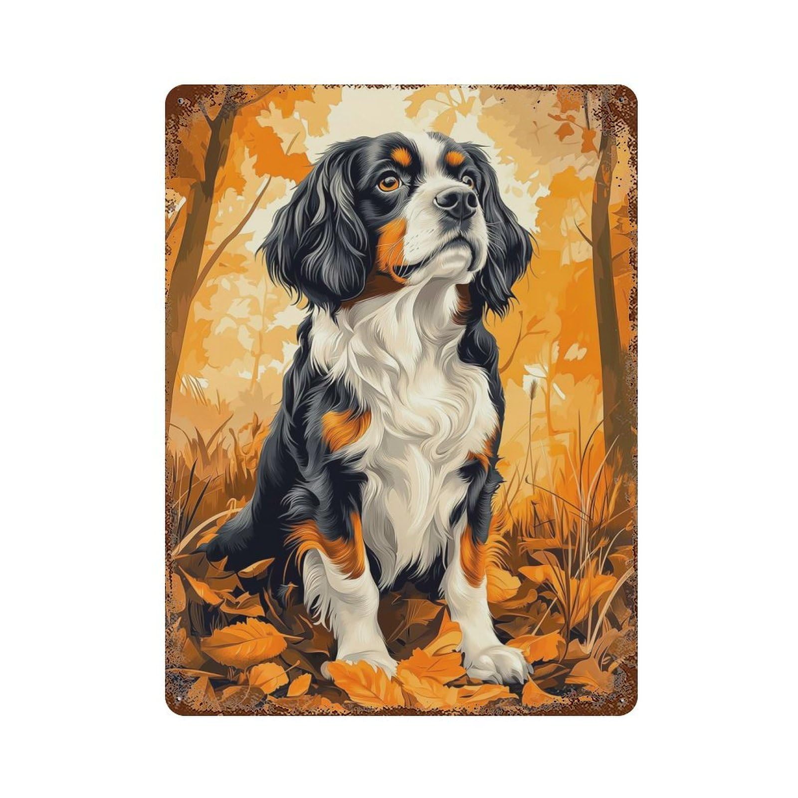 Cavalier King Charles Spaniel in Autumn Leaves Vintage Metal Tin Sign 15.7"x11.8", Old School Wall Decor for Living Room, Hallway And Home Decor