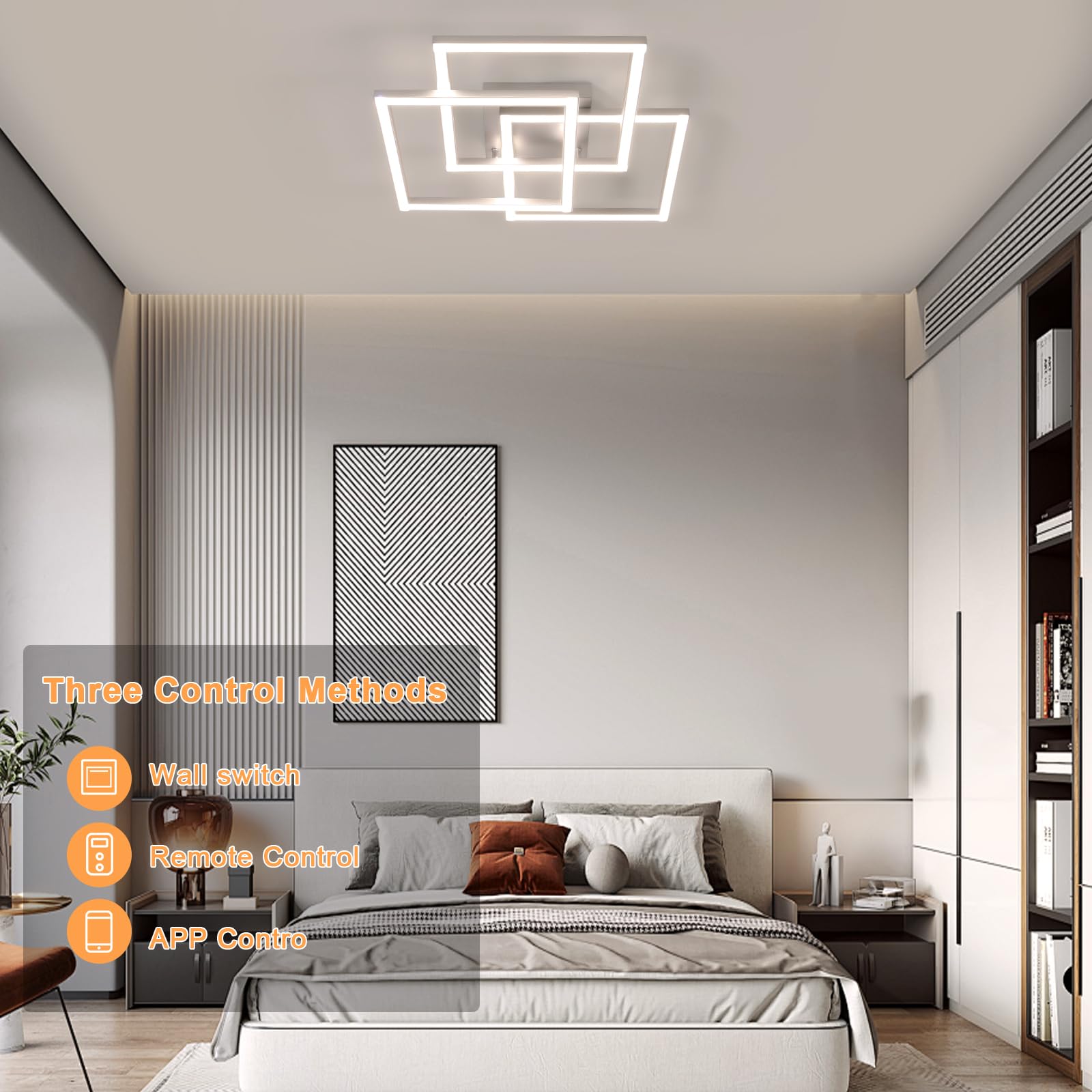 DELIPOP Plafoniera LED Soffitto Dimmerabile 3000K-6500K, Lampadario Camera da Letto Moderno 40W 4500LM, Lampada da Soffitto Argenteo Quadrata per Soggiorno, Camera da Letto, Sala da Pranzo