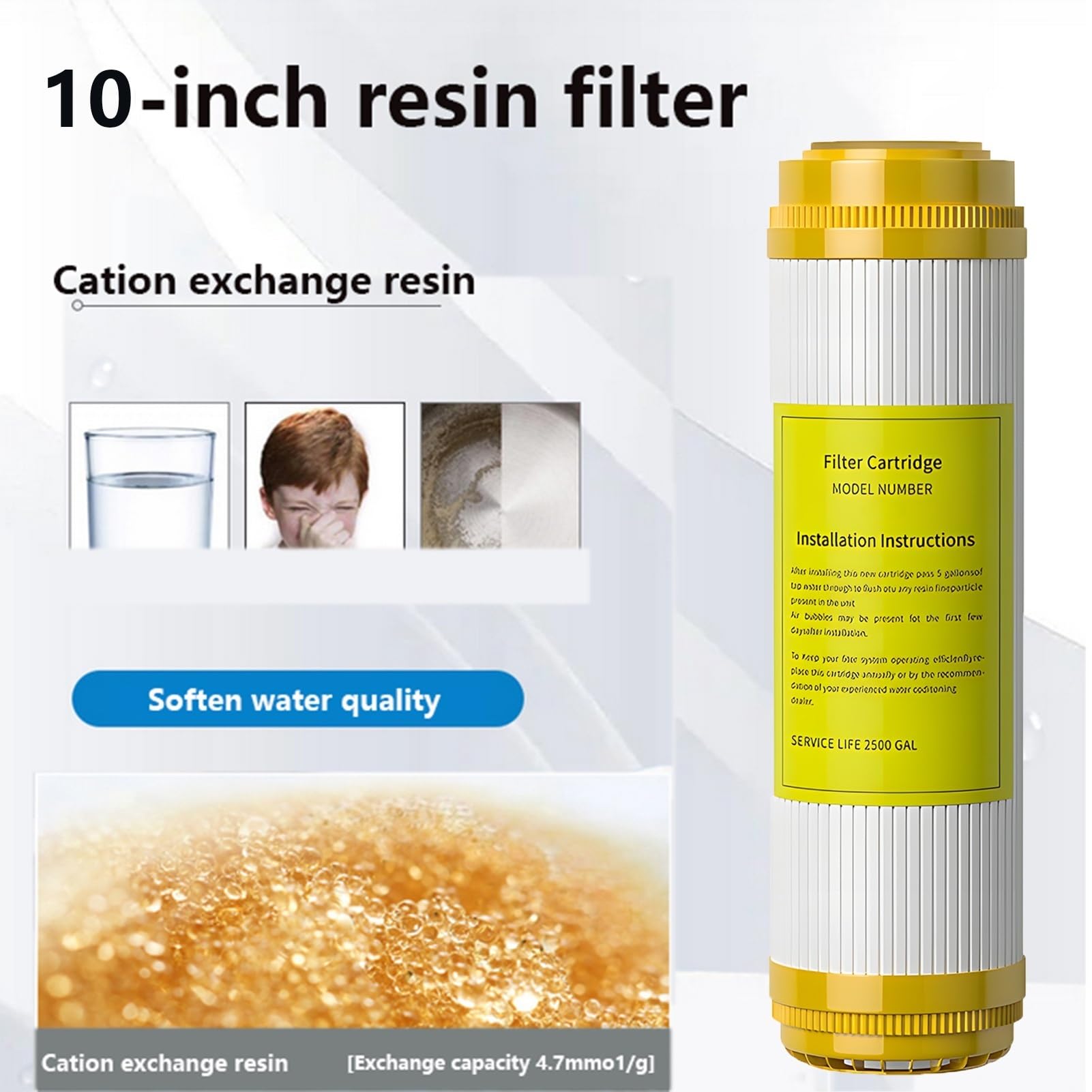 Filtro suavizante agua toda la casa 10'' x 2,5'', 5 cartuchos repuesto filtro intercambio iónico, para cualquier sistema filtración agua para toda la casa.
